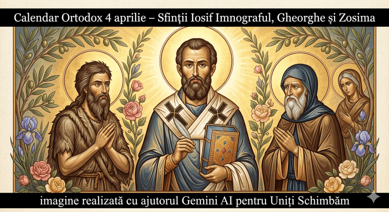 O ilustrație digitală în stil iconografie bizantină modernizată, reprezentând sfinții prăznuiți pe 4 aprilie. În centru apare Sfântul Iosif Imnograful ținând o pană de scris și o carte de cult, flancat de Sfântul Gheorghe din Maleon și Sfântul Zosima în haine monahale, în atitudine de rugăciune. În plan secund este vizibilă Sfânta Maria Egipteanca. Compoziția este încadrată de ramuri de măslin și flori de primăvară. Imaginea are o bandă neagră solidă la marginea de sus cu textul alb: „Calendar Ortodox 4 aprilie – Sfinții Iosif Imnograful, Gheorghe și Zosima”, și o bandă neagră identică la marginea de jos cu textul: „imagine realizată cu ajutorul Gemini AI pentru Uniți Schimbăm”.