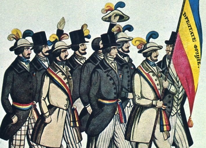 Studenți revoluționari din Moldova și Țara Românească, prezentând la Paris tricolorul românesc cu mențiunile "Dreptate, Frăție" în 1848. Acuarelă de C. Petrescu. - foto preluat de pe ro.wikipedia.org