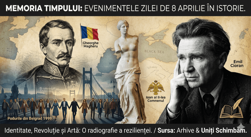 Colaj istoric Uniți Schimbăm: Gheorghe Magheru, Emil Cioran și Venus din Milo.