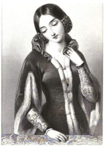 O ilustrație alb-negru în stil Victorian înfățișând-o pe regina Ana de Boemia, privind în jos cu o expresie melancolică, având părul strâns în plase decorative laterale și purtând o rochie medievală tivită cu blană.