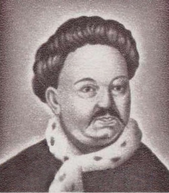Un portret alb-negru realizat în tehnică de gravură sau desen granulat, înfățișând bustul unui bărbat matur din nobilimea română din secolul al XVII-lea, cu mustață, părul scurt și o mantie cu guler de blană.