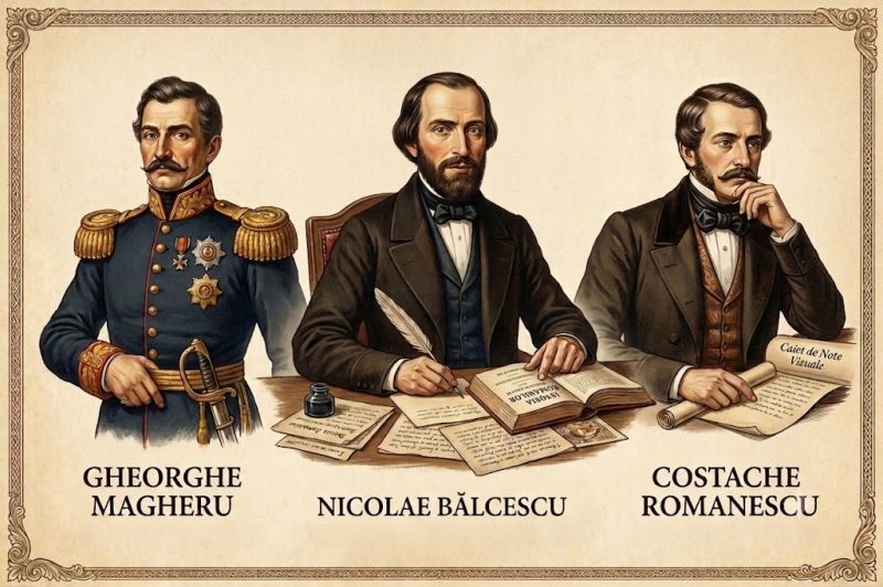 O ilustrație color în stil de epocă prezentând portretele a trei bărbați așezați la o masă de lucru, cu numele lor scrise dedesubt: Gheorghe Magheru în uniformă militară, Nicolae Bălcescu în centru scriind, și Costache Romanescu în dreapta meditând.