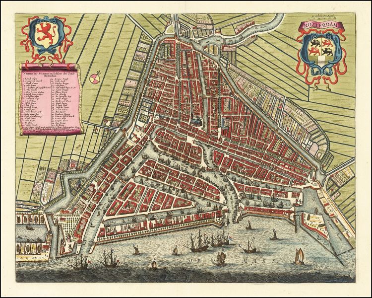 O hartă istorică colorată din secolul al XVII-lea a orașului Rotterdam, prezentând clădirile medievale strânse, rețeaua complexă de canale, blazoane heraldice în colțuri și corăbii cu pânze navigând pe fluviul De Maas în prim-plan.