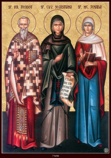 Icoană ortodoxă bizantină pictată în culori calde, înfățișându-i pe Sfântul Ierarh Teodot în veșminte arhierești în centru, flancat de Sfânta Sebastiana și Sfânta Zenaida, toți purtând aureole aurii.