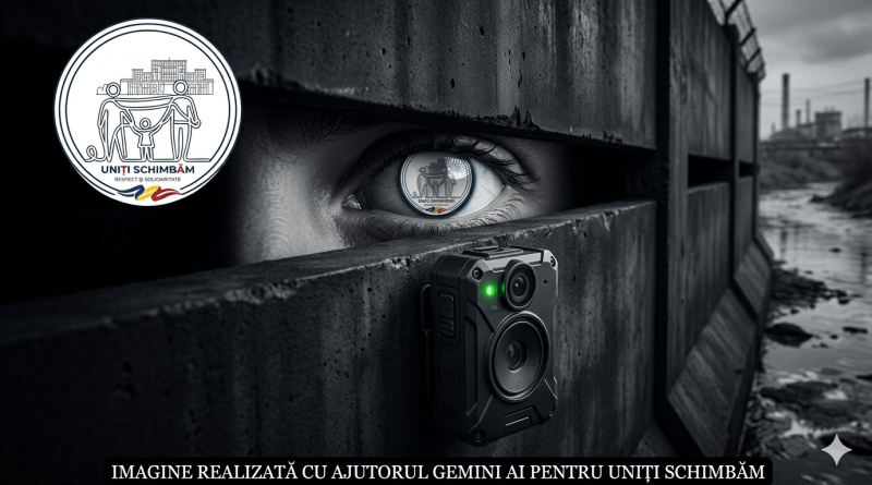 O imagine conceptuală în alb-negru și tonuri întunecate, ilustrând rubrica „Vă Vedem”. Un ochi uman stilizat scrutează intens printr-o fantă orizontală într-o barieră masivă de beton industrial. Pupila ochiului este formată dintr-o variantă circulară a logo-ului „Uniți Schimbăm”. Chiar sub fanta barierii, în prim-plan, este montată o cameră video portabilă de tip bodycam (Garda de Mediu), cu un indicator verde de înregistrare. Dincolo de barieră, se zărește vag un peisaj industrial poluat și un râu. Logo-ul color „Uniți Schimbăm” este poziționat în colțul din stânga sus. La baza imaginii, pe o bandă neagră, scrie cu litere albe, clare: „IMAGINE REALIZATĂ CU AJUTORUL GEMINI AI PENTRU UNIȚI SCHIMBĂM”. Imaginea sugerează vigilență, monitorizare și transparență digitală radicală asupra activităților de mediu.
