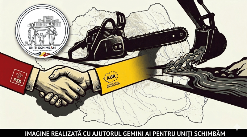 Ilustrație politică: O strângere de mână între PSD (mânecă roșie) și AUR (mânecă galbenă) pe harta României, a cărei umbră formează o drujbă și un excavator. Mesajul denunță alianța împotriva mediului. Logo Uniți Schimbăm inclus