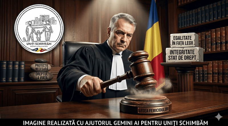 Ilustrație conceptuală: Un judecător român lovind cu ciocănelul, flancat de blocuri de text reprezentând 'Egalitatea în fața legii' și 'Protecția victimelor'. Simbolizează dilema juridică a Legii Femicidului. Include logo Uniți Schimbăm.