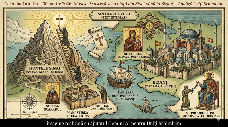 O ilustrație conceptuală pe pergament vechi, realizată în stil de gravură istorică, reprezentând o hartă spirituală. Titlul de pe bannerul de sus citește: „Calendar Ortodox – 30 martie 2026: Modele de asceză și credință din Sinai până în Bizanț – Analiză Uniți Schimbăm”. În stânga, este înfățișat Muntele Sinai cu o scară înaltă urcând spre cer, simbol al Sfântului Ioan Scărarul și al lucrării sale. În dreapta, este silueta Catedralei Sfânta Sofia din Constantinopol (Bizanț), reprezentând-o pe Sfânta Eubula. Între cele două puncte, este o reprezentare a Sfântului Prooroc Ioad. Banda neagră de jos conține textul alb: „imagine realizată cu ajutorul Gemini AI pentru Uniți Schimbăm”.