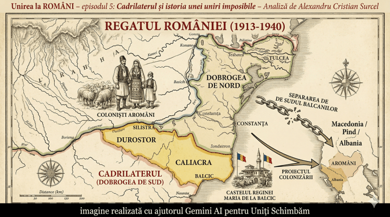 O hartă istorică conceptuală pe pergament vechi, ilustrând Peninsula Balcanică după anul 1913. România include în granițele sale regiunea Cadrilaterul (județele Durostor și Caliacra), marcată distinct. În sudul Dunării, în regiunile Macedonia, Pind și Albania, sunt marcate cu simboluri specifice comunitățile de aromâni și meglenoromâni. O săgeată groasă, care pornește din aceste regiuni și se îndreaptă spre Cadrilater, poartă textul: "proiectul colonizării". Subsolul negru al imaginii conține textul alb, în litere mici: "hartă conceptuală: anexarea cadrilaterului și proiectul colonizării aromânilor (1913). imagine realizată cu ajutorul gemini ai pentru uniți schimbăm".