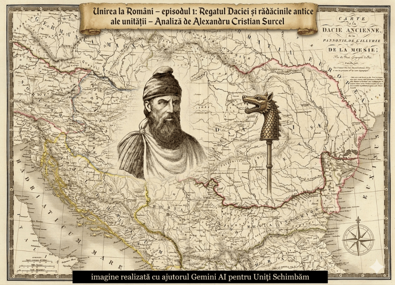 O compoziție istorică conceptuală bazată pe o hartă de epocă a Daciei Antice, realizată pe pergament texturat. Harta prezintă granițele colorate ale Regatului Daciei, cu toponime latine și grecești, inclusiv Sarmizegetusa Regia. În partea de sus, un banner text grena citește: "Unirea la Români – episodul 1: Regatul Daciei și rădăcinile antice ale unității – Analiză de Alexandru Cristian Surcel". Integrat în stânga, este un bust detaliat de gravură al Regelui Decebal, fără coif, purtând căciula frigiană dacică (pileus) și o manta, etichetat "DECEBAL (ULTIMUL REGE ȘI EROU)". În dreapta, este o ilustrație a steagului dac (Draco), un cap de lup din bronz cu corp de balaur din solzi. Textul original al cartușului hărții este vizibil, incluzând "REGATUL DACIEI" și descrierea realizării imaginii. O bandă neagră solidă în subsol conține textul alb, lowercase: "imagine realizată cu ajutorul gemini ai pentru uniți schimbăm". Stilul general este o fuziune între o hartă cartografică veche și ilustrații conceptuale de înaltă calitate.