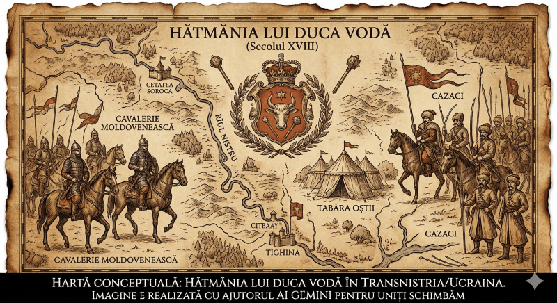 O ilustrație istorică conceptuală pe pergament texturat, reprezentând stăpânirea lui Duca Vodă în Transnistria. În imagine apar cazaci și cavalerie moldovenească, iar la bază se află o bară neagră cu textul alb, în limba română: „HARTĂ CONCEPTUALĂ: HĂTMĂNIA LUI DUCA VODĂ ÎN TRANSNISTRIA/UCRAINA. IMAGINE REALIZATĂ CU AJUTORUL GEMINI AI PENTRU UNIȚI SCHIMBĂM”.