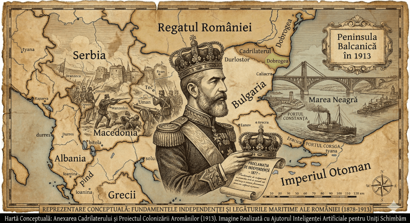 Compoziție simbolică pentru Independența României (1877-1881). Imaginea reunește Coroana de Oțel a Regelui Carol I, scene ale bătăliilor de la Plevna și silueta podului lui Anghel Saligny de la Cernavodă, ilustrând trecerea de la statul vasal la Regatul suveran unit cu Dobrogea. Subsol negru cu text alb: hartă conceptuală: independența româniei și unirea dobrogei (1878-1881). imagine realizată cu ajutorul gemini ai pentru uniți schimbăm.