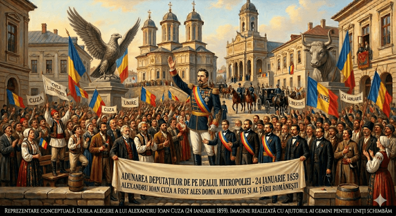 O ilustrație istorică grandioasă reprezentând dubla alegere a lui Alexandru Ioan Cuza la 24 ianuarie 1859. În centru, Cuza este înfățișat într-o postură eroică pe Dealul Mitropoliei din București, purtând uniformă militară și eșarfă tricoloră, fiind aclamat de o mulțime entuziastă de cetățeni și revoluționari pașoptiști. Simbolurile celor două principate, Vulturul valah și Bourul moldovenesc, încadrează scena, iar în fundal flutură steaguri cu inscripția „UNIRE”.
