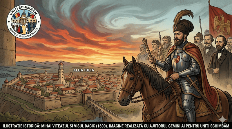 Portret conceptual al lui Mihai Viteazul privind peste Alba Iulia, simbolizând precedentul istoric al unității și visul dacic transmis generațiilor viitoare. Stil grafic Uniți Schimbăm. Include logo.