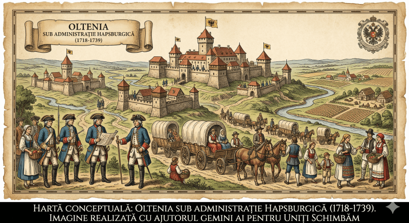 O ilustrație istorică conceptuală pe pergament texturat, reprezentând Oltenia sub administrație habsburgică. În imagine apar ofițeri austrieci, cetăți și coloniști germani sosiți cu căruțe.