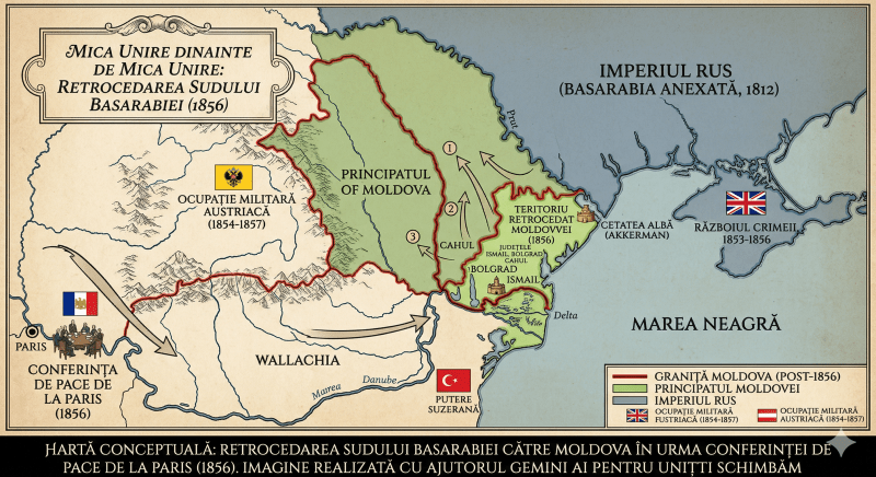 O ilustrație istorică tip hartă pe pergament texturat, intitulată „MICA UNIRE DINAINTE DE MICA UNIRE: RETROCEDAREA SUDULUI BASARABIEI (1856)”. Harta se concentrează pe regiunea Dunării de Jos, Delta Dunării și nord-vestul Mării Negre. Granița Principatului Moldovei este trasată cu o linie roșie groasă. Teritoriul sudului Basarabiei, cuprinzând județele Ismail, Bolgrad și Cahul, este evidențiat și marcat ca fiind retrocedat Moldovei în 1856, cu săgeți ce simbolizează reintegrarea sa. Harta include marcaje simbolice ale Marilor Puteri: o delegație la masa Conferinței de Pace de la Paris, o flotă britanică în Crimeea, trupe austriece în Principate și un steag otoman la Dunăre.