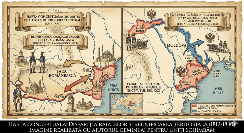 O ilustrație istorică tip hartă pe pergament, împărțită în două secțiuni ce descriu soarta raialelor la începutul secolului XIX. În stânga, este reprezentată Țara Românească și săgeți ce indică reunificarea raialelor Turnu, Giurgiu și Brăila după 1829, incluzând simbolul turnului cu ceas din Giurgiu. În dreapta, este reprezentată Moldova și anexarea jumătății sale răsăritene (Basarabia) de către Imperiul Rus în 1812, cu raialele Hotin, Tighina, Chilia și Cetatea Albă marcate.