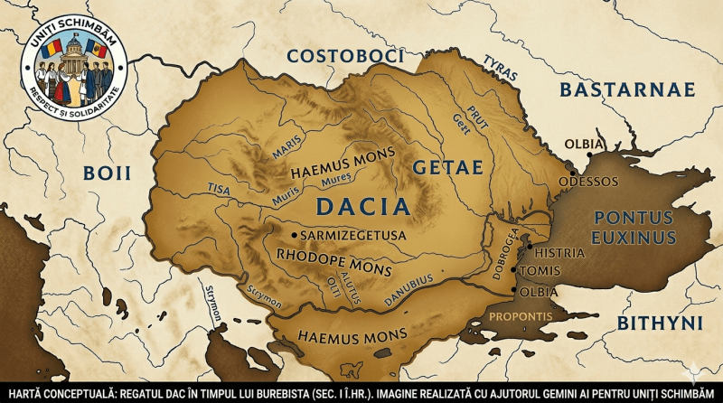 Hartă istorică a Regatului Dac în timpul lui Burebista (sec. I î.Hr.), prezentând unitatea geopolitică a triburilor daco-getice de ambele părți ale Dunării. Include logo Uniți Schimbăm.