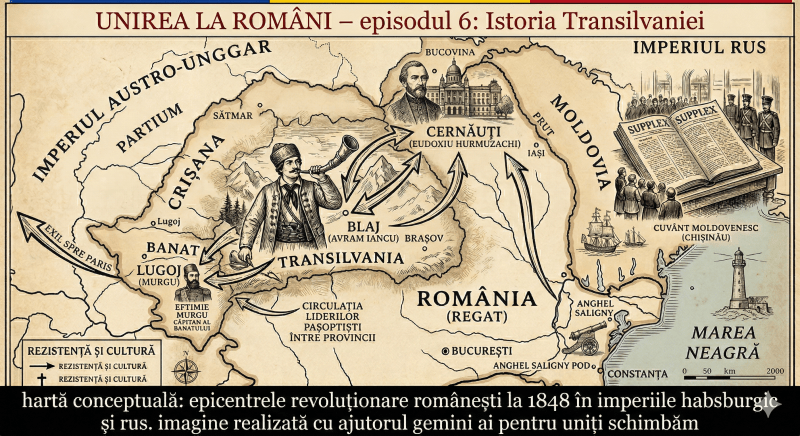 O hartă istorică conceptuală pe pergament vechi, ilustrând epicentrele revoluționare românești de la 1848. Pe hartă sunt marcate distinct punctele fierbinți Blaj (cu figura lui Avram Iancu și Tulnicul), Cernăuți (cu figura lui Eudoxiu Hurmuzachi și Palatul Metropolitan) și Lugoj (cu figura lui Eftimie Murgu). O rețea de săgeți indică "circulația liderilor pașoptiști între provincii", iar o săgeată bold points spre vest (stânga) indicând "exilul spre Paris". Harta prezintă corect limitele imperiului habsburgic și imperiului rus, cu toponime în limba română și subsolul negru cu text alb: "hartă conceptuală: epicentrele revoluționare românești la 1848 în imperiile habsburgic și rus. imagine realizată cu ajutorul gemini ai pentru uniți schimbăm".