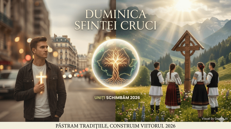 Cruce sculptată în lemn pe un fundal spiritual, reprezentativă pentru comunitatea Uniți Schimbăm.