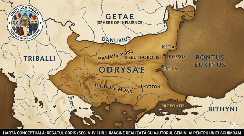 Hartă istorică a Regatului Odris în secolele V-IV î.Hr., ilustrând extinderea influenței trace la sud și nord de Dunăre. Include logo Uniți Schimbăm.