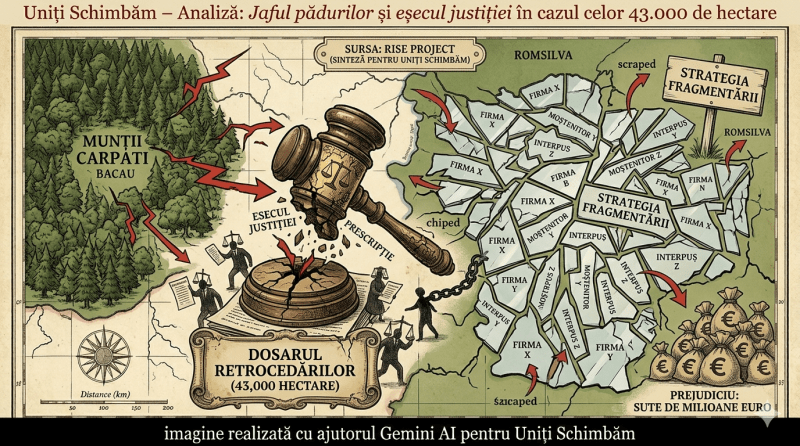 O ilustrație conceptuală complexă despre jaful pădurilor, realizată în stil de gravură pe o hartă veche a județului Bacău. În partea de sus, un banner citește: „Uniți Schimbăm – Analiză: Jaful pădurilor și eșecul justiției în cazul celor 43.000 de hectare”. Imaginea centrală prezintă un ciocan de judecător din lemn care lovește și crapă o bază pe care scrie „DOSARUL RETROCEDĂRILOR (43.000 HECTARE)”, cu fragmente pe care scrie „PRESCRIPȚIE”. În dreapta, harta pădurii este fragmentată în zeci de bucăți etichetate cu „MOȘTENITOR”, „INTERPUS” și „FIRMA X”, sub titlul „STRATEGIA FRAGMENTĂRII”. Săgeți roșii indică pierderea arborilor din Munții Carpați către saci cu bani marcați cu simbolul Euro și textul „PREJUDICIU: SUTE DE MILIOANE EURO”. O bandă neagră în subsol conține textul alb: „imagine realizată cu ajutorul Gemini AI pentru Uniți Schimbăm”.