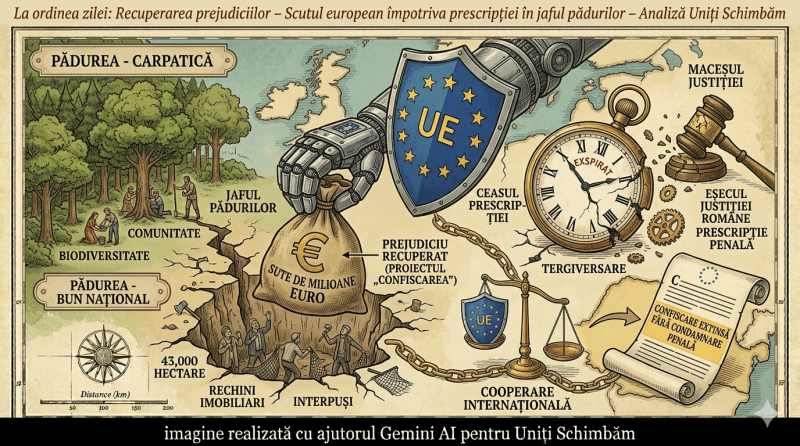 O ilustrație conceptuală în stil gravură pe pergament. Bannerul de sus conține textul: „La ordinea zilei: Recuperarea prejudiciilor – Scutul european împotriva prescripției în jaful pădurilor – Analiză Uniți Schimbăm”. În centru, o mână metalică protejată de un scut cu însemnele UE recuperează un sac cu bani („SUTE DE MILIOANE EURO”) dintr-o pădure defrișată. În dreapta, un ceas antic marcat „CEASUL PRESRIPȚIEI” se sfărâmă lângă un ciocan de judecător rupt. Banda neagră de jos precizează: „imagine realizată cu ajutorul Gemini AI pentru Uniți Schimbăm”.