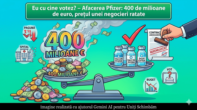 O ilustrație infografică modernă și colorată pe un fundal gradient albastru-verde. Un banner superior verde închis afișează titlul: „Eu cu cine votez? – Afacerea Pfizer: 400 de milioane de euro, prețul unei negocieri ratate”. Centrul imaginii este dominat de o balanță digitală dezechilibrată. Talerul din stânga este plin de monede și bancnote Euro vibrante, din care se evaporă o cifră mare, tridimensională, pe care scrie „400 MILIOANE €”. Talerul din dreapta, ridicat, conține flacoane de vaccin stilizate și o bifă roșie mare. Stilul este curat, digital și Pop-Art. Banda neagră de jos conține textul: „imagine realizată cu ajutorul Gemini AI pentru Uniți Schimbăm”.