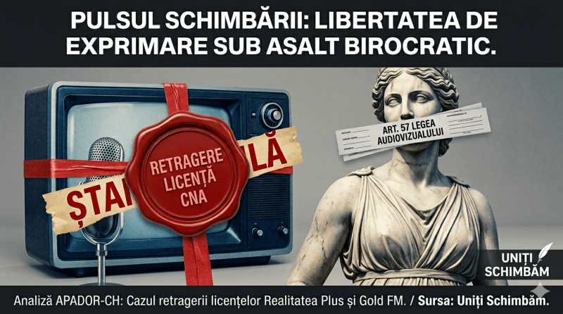 Colaj conceptual simplificat: microfon CNA sigilat și statuie gâtuită de birocrație pe fundal alb.