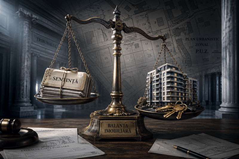 O balanță a justiției dezechilibrată, unde un taler conține un dosar penal cu eticheta „SENTINȚĂ”, iar celălalt, mult mai greu, conține macheta unui ansamblu imobiliar și chei de lux, simbolizând influența afacerilor asupra deciziilor judiciare.