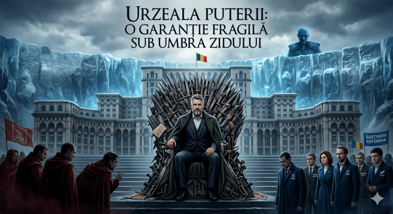 O imagine dramatică, în stil poster cinematografic, care îmbină elemente politice românești cu simbolistica „Game of Thrones”. O figură generică de lider, cu o barbă grizonată și expresie stoică, stă pe un tron improvizat din săbii în fața Palatului Victoria din București. De o parte și de alta, în penumbră, complotează facțiuni politice cu steaguri roșii și albastre. În fundal, se ridică un zid imens de gheață, sugerând granița estică, dincolo de care pândește o siluetă amenințătoare, întunecată, cu ochi reci, albaștri, simbolizându-l pe „Night King” de la Kremlin.