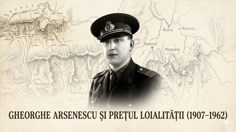 Portretul alb-negru al colonelului Gheorghe Arsenescu în uniformă militară, suprapus discret peste o hartă istorică a regiunii Muscel, reprezentând mișcarea de rezistență anticomunistă.