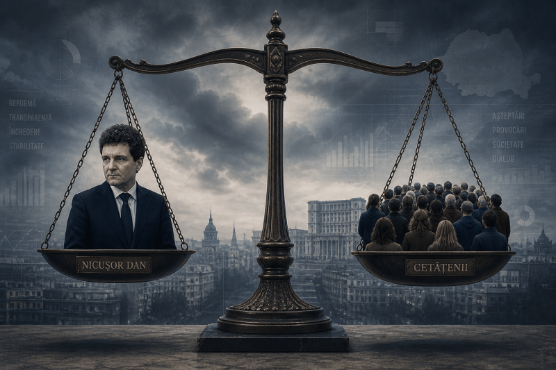 O balanță cu o siluetă reprezentându-l pe Nicușor Dan pe un taler și un grup de cetățeni abstract pe celălalt taler