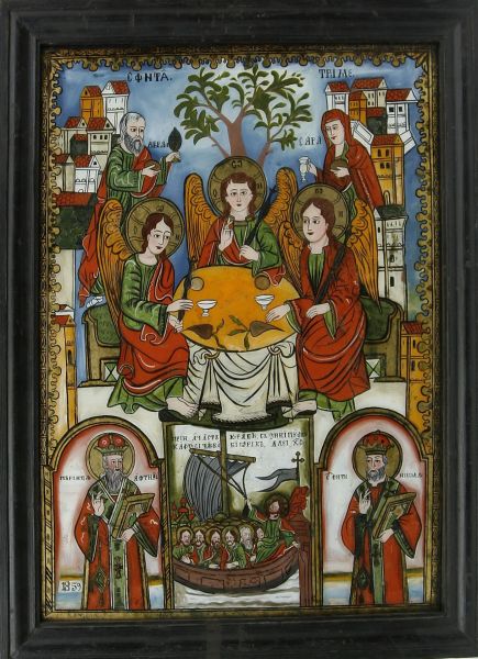 Icoană pe sticlă reprezentând Sfânta Treime, realizată de meșterul Savu Moga în anul 1859, cu personaje biblice și sfinți pictați în stil tradițional transilvănean.
