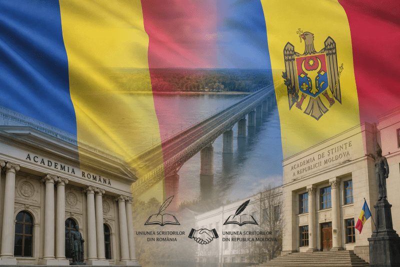 Simbol al unității dintre România și Republica Moldova: drapelele celor două state și o strângere de mână simbolică, reprezentând cooperarea dintre Uniunea Scriitorilor și Academiile de pe ambele maluri ale Prutului.