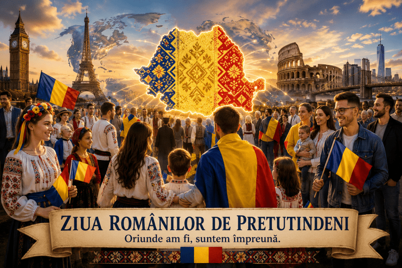 Ilustrație reprezentând români din diaspora și din țară reuniți simbolic în jurul unei hărți luminoase a României, având în fundal repere internaționale și elemente tradiționale românești.
