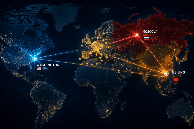 Hartă stilizată a lumii cu centre de putere evidențiate în SUA, China și Rusia și cu Europa iluminată distinct, simbolizând lumea multipolară.
