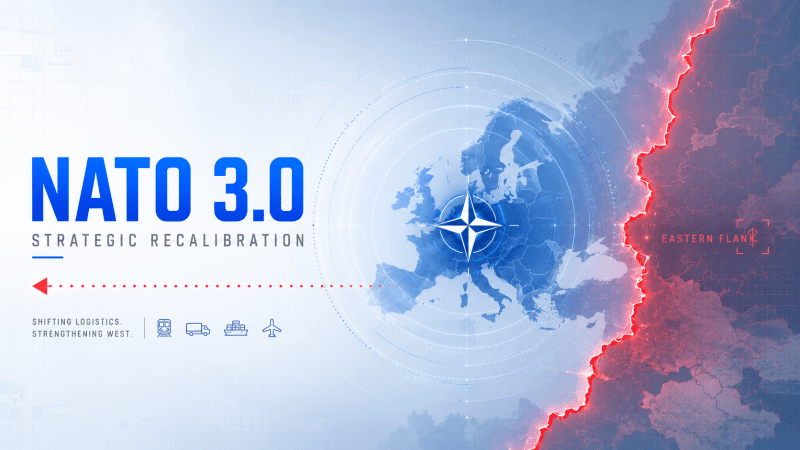 Grafică conceptuală NATO 3.0 cu harta Europei în format radar albastru, logo-ul NATO în centru, o săgeată roșie care indică mutarea logisticii și o linie roșie electrizantă care marchează Flancul Estic tensionat.