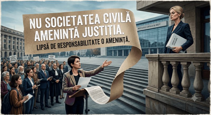 Ilustrație editorială arătând o mulțime de oameni reprezentând jurnaliști și cetățeni în fața unei scări, uitându-se spre o figură solitară pe o terasă care ține un teanc gros de documente închise, sugerând o barieră instituțională.